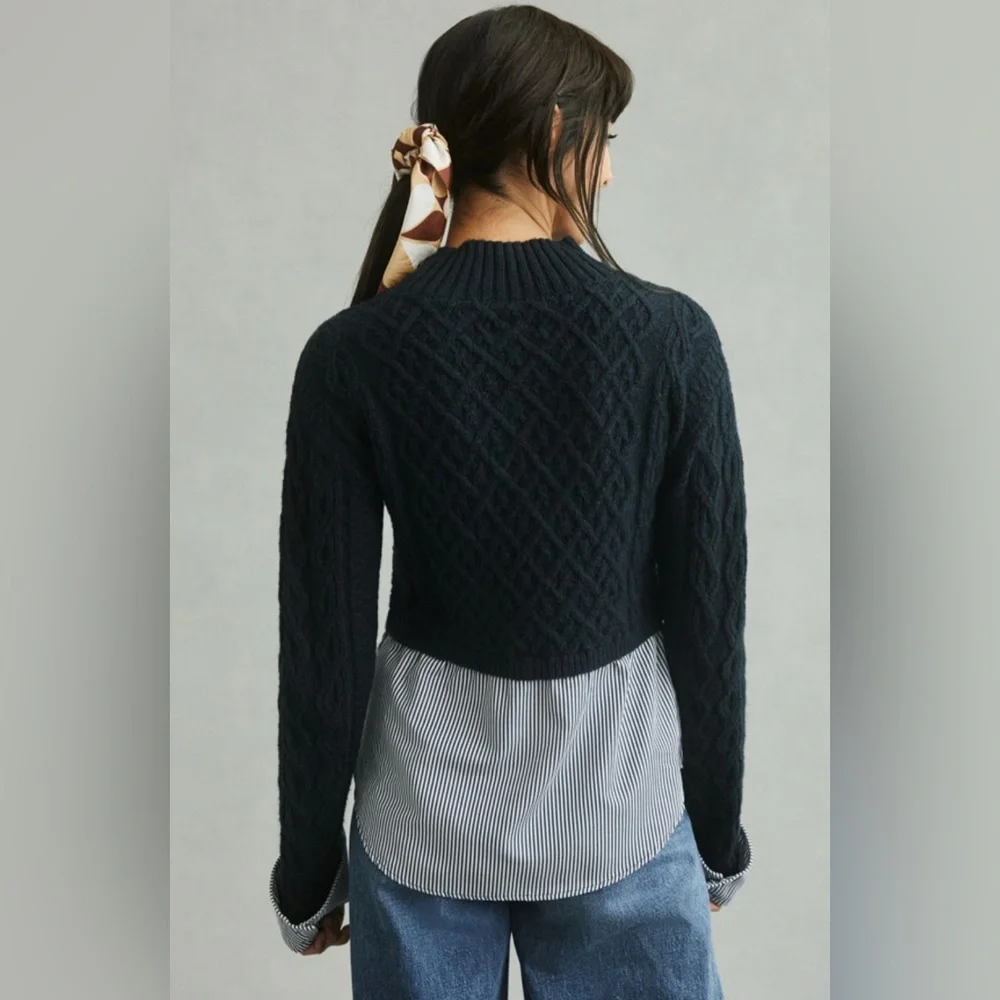 Anthropologie Maeve Women’s XS Cable-Knit Layered Mock Neck Sweater Classic - Picture 2 of 11